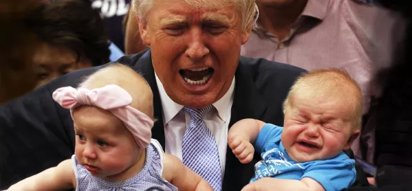 Donald Trump, Holding A Bawling Baby In His Arms, & Appearing To Bawl Himself