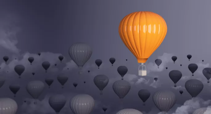 Yellow Hot-air Balloon, Rising Above Mass Of Grey Balloons