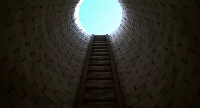 Ladder Leading Out Of A Deep Hole, Towards A Circle Of Light