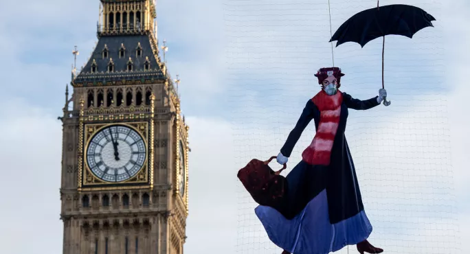 Mary Poppins, Wearing A Mask, Flying Past Big Ben