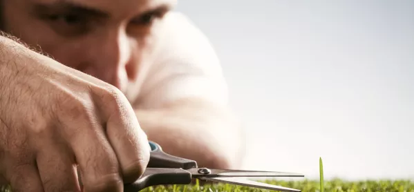 Man With Scissors Snips At One Blade Of Grass That's Taller Than The Others