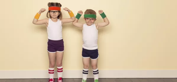 Girl & Boy In Workout Clothes, Flexing Muscles