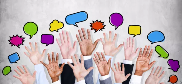 Multiple People's Hands Raised, With Speech Bubbles Above Each Of Them