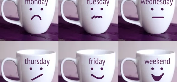 Mugs For Days Of The Week, With 'weekend' Mug Showing Huge Grin