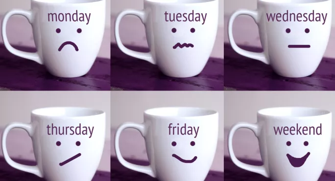 Mugs For Days Of The Week, With 'weekend' Mug Showing Huge Grin