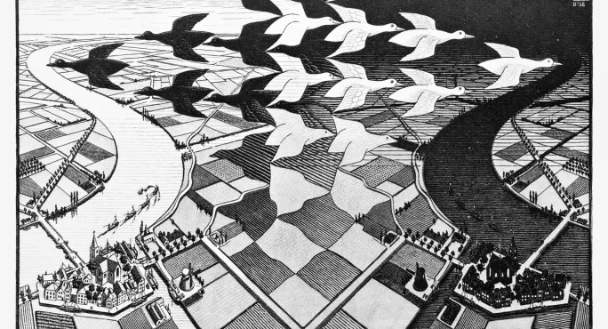 Mc Escher Drawing, With Black & White Birds Flying