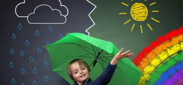 Primary Pupil Holding An Umbrella Standing In Front Of Different Types Of Weather