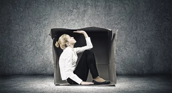 Woman, Squeezed Into Cardboard Box