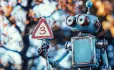 robot with caution sign