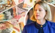 Jenny Gilruth with a background of Scottish money