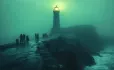 People walking up to lighthouse in dark