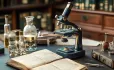 Microscope on desk with book