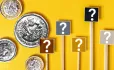 Question marks and coins