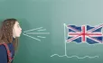 Schoolgirl Next To Blackboard Blows On Chalk-drawn Image Of Union Jack